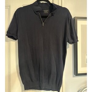 Zara Men's Quarter Zip Tee Shirt Navy Medium